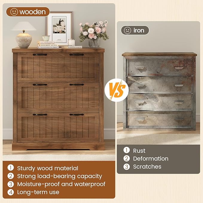 SEDETA 3 Drawer File Cabinet, Farmhouse Filing Cabinet for Home Office, Wood Office File Cabinets for Letter/Legal/A4 Size, Lateral File Cabinets with Printer Stand for Study Room, Living Room (Brown)