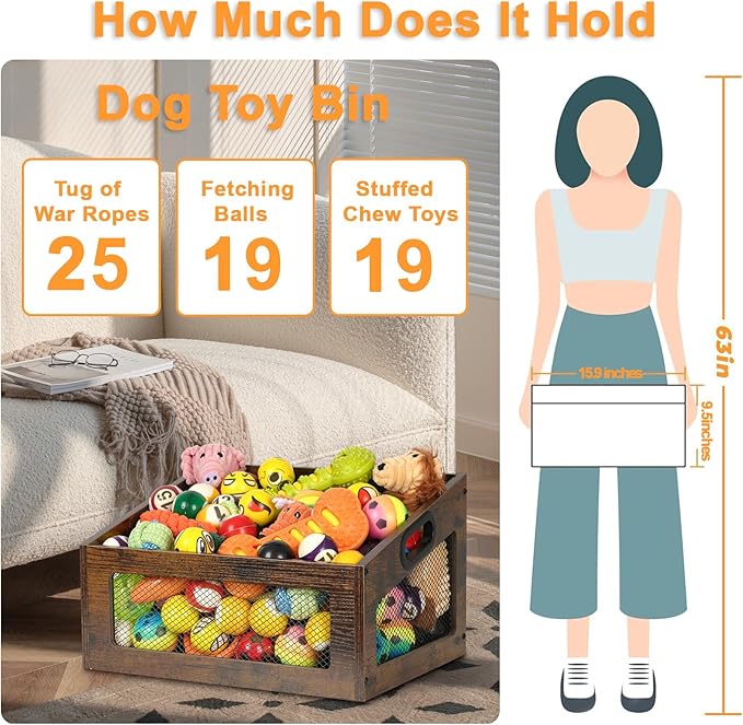 handrong Dog Toy Basket,Wood Dog Toy Box,Dogs Toys Bin,Dogs Storage Organizer,Large Cat Toys Basket Box for Living Room Outdoors Organizing Storage