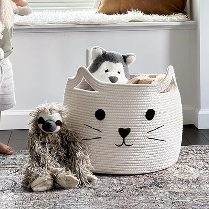 Large Woven Cotton Rope Storage Basket, Baby Laundry Basket Organizer for Towels, Blanket, Toys, Clothes, Gifts | Pet Gift Baskets for Cat, Dog - 15.7" L×11.8" H