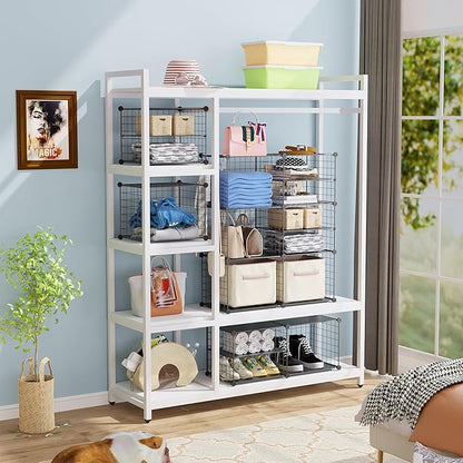 C&AHOME Wire Cube Storage Unit, Interlocking Metal Wire Organizer with Divider Design, Modular Cabinet with Plastic Panels, Bookshelf Stackable Closet Organizer with Small Hooks, Black UWCSIM08B
