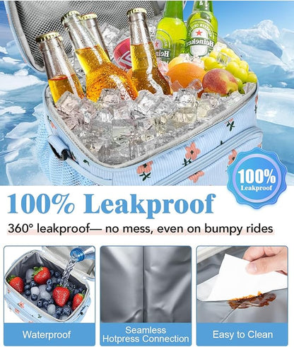 Insulated Lunch Bag for Men & Women, 9L Leakproof Lunch Box Soft Cooler Tote with 5 Pockets, 600D Oxford, EVA Lining, Adjustable Strap for Work, Picnic, Beach&Travel-Corduroy Pink Flower