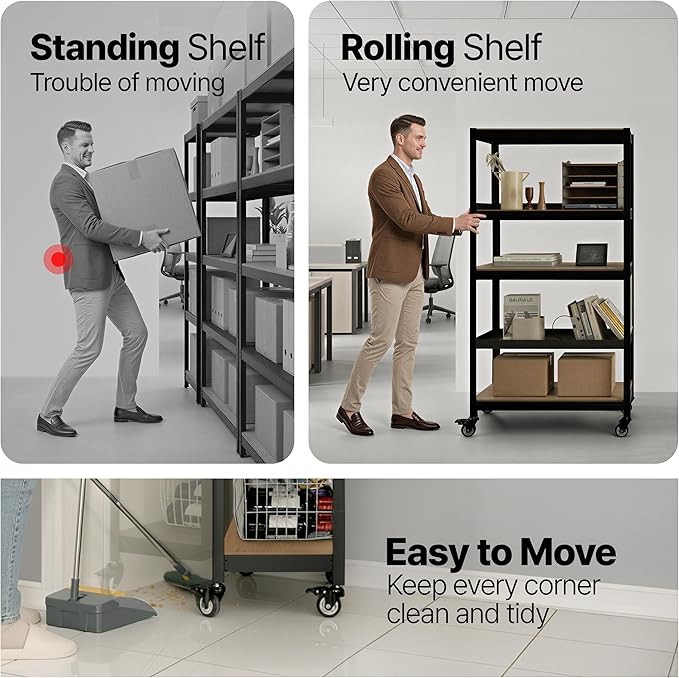 HOMEDANT House 5 Tier Heavy Duty Garage Shelving Adjustable Metal Rack Storage Shelves Standing Shelf Unit Organizers Pantry Closet Office (2, Black, (Wheels) 48.1" W x 18.5" D)