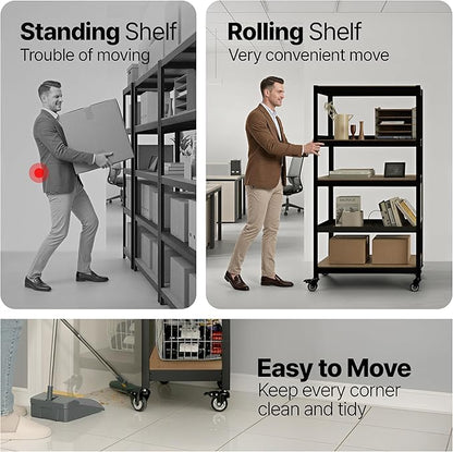 HOMEDANT House 5 Tier Heavy Duty Garage Shelving Adjustable Metal Rack Storage Shelves Standing Shelf Unit Organizers Pantry Closet Office (2, Black, (Wheels) 48.1" W x 18.5" D)