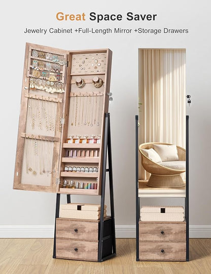 Nicetree Jewelry Cabinet Armoire with 2 Drawers,Standing Jewelry Mirror Cabinet, Full Length Mirror with Jewelry Storage, Lockable Jewelry Organizer with Mirror, Oak