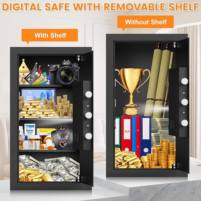 6.0 Cu Ft Large Safe Box for Home Use, 27.6"H Heavy Duty Home Safe with Combination Lock, Alarm System, Removable Shelves, Anti-theft Security Safe for Money Jewelry Documents