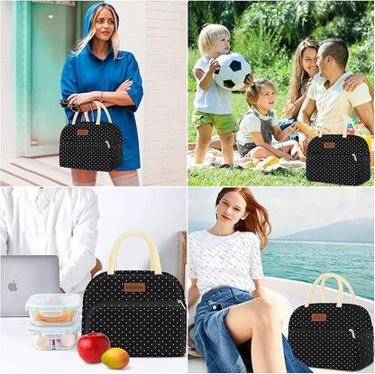 Coobiiya Lunch Bag Women,Lunch Box LunchBag for Women Adult Men, Small Leakproof Cute Lunch Tote Large Capacity Reusable Insulated Cooler Lunch Container for Work/Office/Picnic/Travel-Black Polka Dot