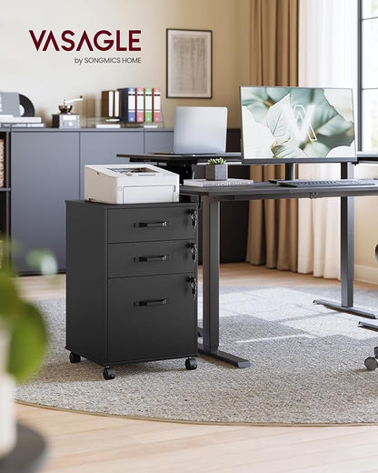 VASAGLE Mobile File Cabinet, 3 Drawers Filing Cabinet with Wheels, for Home Office, for A4, Letter Sized Documents, Adjustable Hanging Rail for File Folders, Lockable, Ink Black UOFC084BC01S