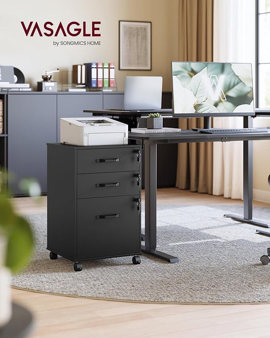 VASAGLE Mobile File Cabinet, 3 Drawers Filing Cabinet with Wheels, for Home Office, for A4, Letter Sized Documents, Adjustable Hanging Rail for File Folders, Lockable, Ink Black UOFC084BC01S