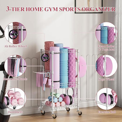 VOPEAK Home Gym Storage Rack with Wheels, Yoga Mat Storage Organizer for Kettlebells, Dumbbells, Resistance Bands, Space Saving 3-Tier Weight Rack for Home Gym, Garage, Easy to Install