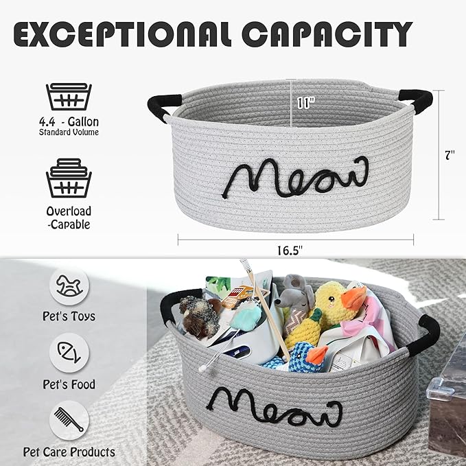 Sea Team Cat Toy Storage Basket with Handles, 16.5 x 11 x 7 Inches, 4.4 Gallons Large Cotton Rope Storage Bin, Shelf Basket, Organizer for Pet Chew Toys, Foods, Grey Meow