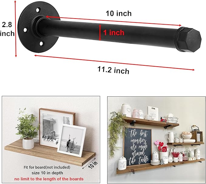 Industrial Black Iron Pipe Shelf Brackets 10 Inch Wall Mount DIY Shelving Brackets Pipe Decor Wall Rustic Clothing Rack 8 Pack, Hardware Included