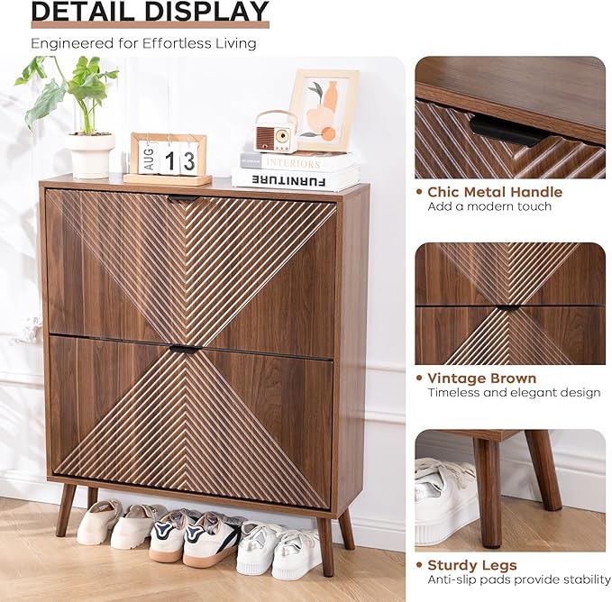 Shoe Cabinet Storage, Farmhouse Freestanding Organizer with 2 Flip Drawers and 4 Wooden feet, Narrow Shoe Rack Cabinet for Entryway, Foyer, Hallway, Walnut