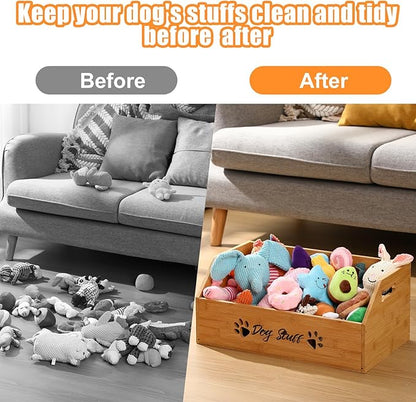 Leinuosen Large Dog Toy Bin Basket, 20 Inch Large Stuff Toy Storage Basket Bin with Bone Handle Cutout Pattern Bamboo Container for Organizing and Storage Dog Leash Chew Toys(Natural, Undivided)