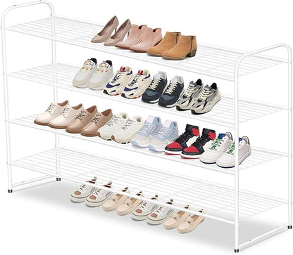AOODA 4 Tier Long Metal Shoe Rack for Closet Wide Stackable Shoe Storage Organizer for Entryway, Bedroom, Floor, Holds 30 Pairs Men Sneakers Large Boot Shelf with Wire Grid, White