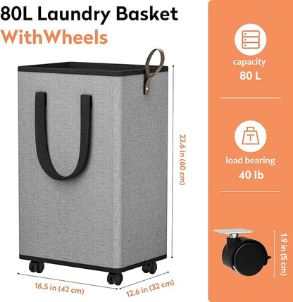 Laundry Basket with Wheels, Collapsible Laundry Baskets, Laundry Hamper with Handles Detachable Wheels, Rolling Laundry Basket, Dirty Clothes Hamper for Bathroom, Dorm, Bedroom, Grey, 80L