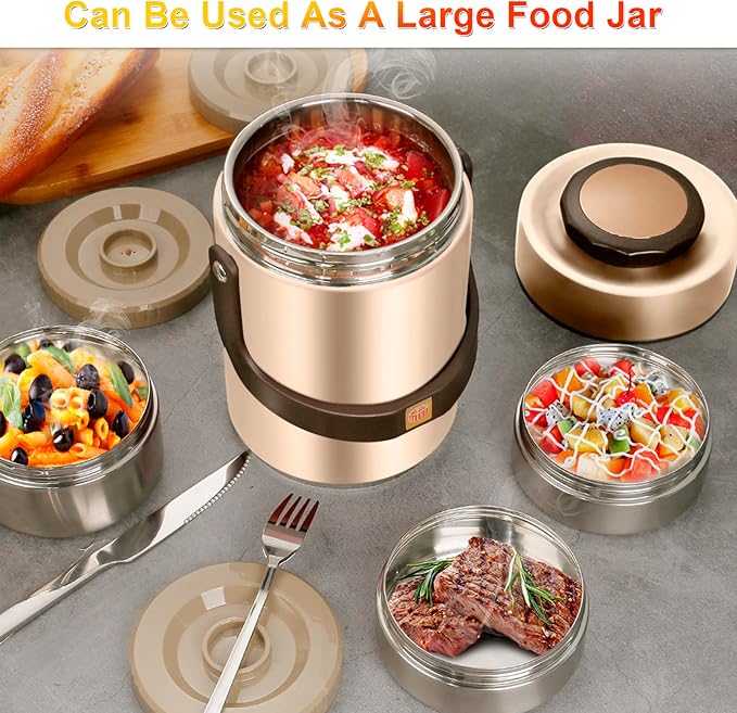 67 oz Adults Stainless Steel Vacuum Insulated Wide Mouth Soup Food Thermo Hot Food Jar with Keep Thermal Portable 3 Tier Stackable Bento Hot Food Containers Lunch Boxes (67 oz Gold)