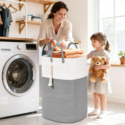Woven Laundry Basket for Clothes, 50L Large Rectangle Laundry Hampers with Beads Tassel, Nursery Storage Basket for Toys, Tall Dirty Clothes Hamper for Bedroom Aesthetic, Laundry Room Organization