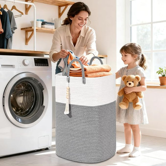 Woven Laundry Basket for Clothes, 50L Large Rectangle Laundry Hampers with Beads Tassel, Nursery Storage Basket for Toys, Tall Dirty Clothes Hamper for Bedroom Aesthetic, Laundry Room Organization