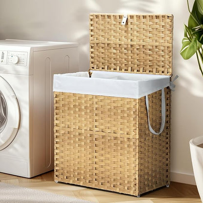 DUMOS Wicker Laundry Basket with Lid, 29.6 Gallon (112L) Woven Laundry Hamper with Handles, Foldable Rattan Clothes Hamper with Removable Liner & Sturdy Steel Frame, Goose Yellow