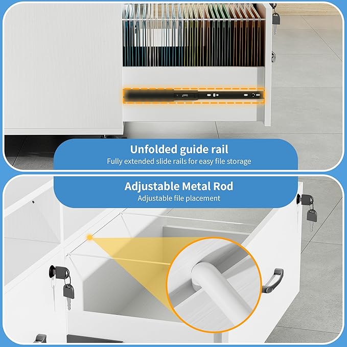 2 Drawer Wood Mobile Large Lateral File Cabinet, Lockable Rolling Filing Cabinet with Storage Shelves, Printer Stand Office Storage Cabinet for Home Office Fits Files Legal/A4, White