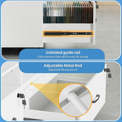 2 Drawer Wood Mobile Large Lateral File Cabinet, Lockable Rolling Filing Cabinet with Storage Shelves, Printer Stand Office Storage Cabinet for Home Office Fits Files Legal/A4, White