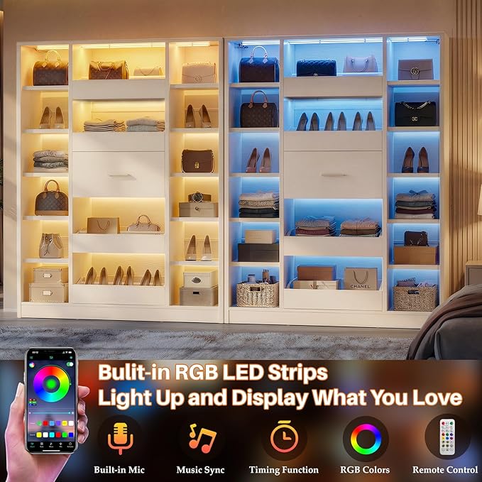 40" Closet System with LED Lights, Wooden Closet Organizer System with 5 Drawers & 12 Shelves, Versatile Closet Storage Tower for Walk-in Closets, Shoe Rack and Handbag Storage Cabinet, White