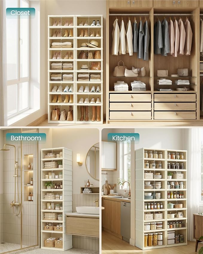 SONGMICS Foldble Shoe Storage Organizer for Closet, Stackable Sneaker Cabinet with Magnetic Door, Large Plastic Container Bins for Living Room, Entryway, 9-Tier for 18 Pairs, Cream White ULSP918WD01