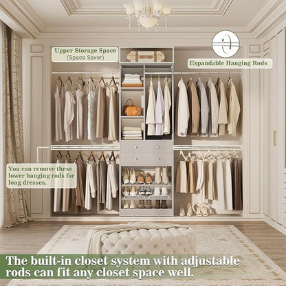 Closet System, 4.2–8.8 FT Closet Organizer with 2 Wooden Drawers and Shelves, Walk-in Closet System with 5 Hang Rods, Built-in Closet Tower, Can Fit 60 to 96 inch, Morandi Grey