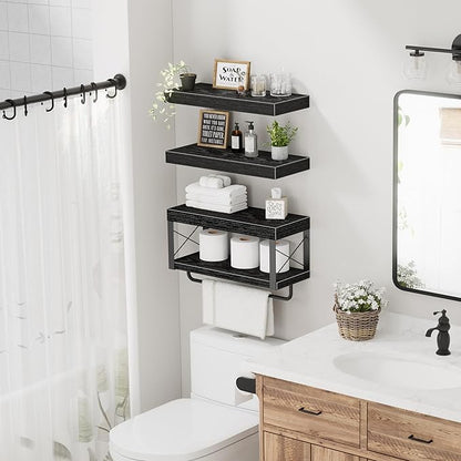 QEEIG Bathroom Shelves Over Toilet - Floating Shelf for Wall Toilet Paper Storage Farmhouse 16 inch Set of 3, Black (029-40B3)