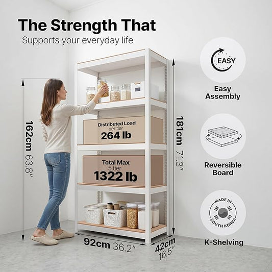 HOMEDANT House 5 Tier Heavy Duty Garage Shelving Adjustable Metal Rack Storage Shelves Standing Shelf Unit Organizers Pantry Closet Office (1, White, 36.2" W x 16.2" D)