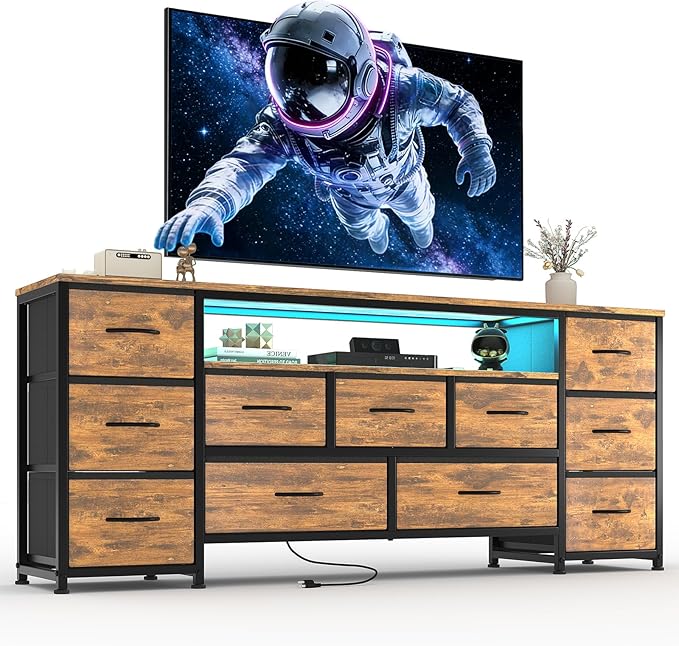11 Drawer Dresser for with Power Outlets and LED Lights, 63 Inch TV Stand for 65, 70 Inch TV, Entertainment Center with Storage, Wide Chest of Drawers with Open Shelves for Living Room, Bedroom