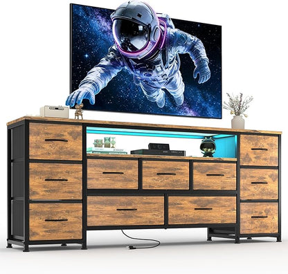 11 Drawer Dresser for with Power Outlets and LED Lights, 63 Inch TV Stand for 65, 70 Inch TV, Entertainment Center with Storage, Wide Chest of Drawers with Open Shelves for Living Room, Bedroom