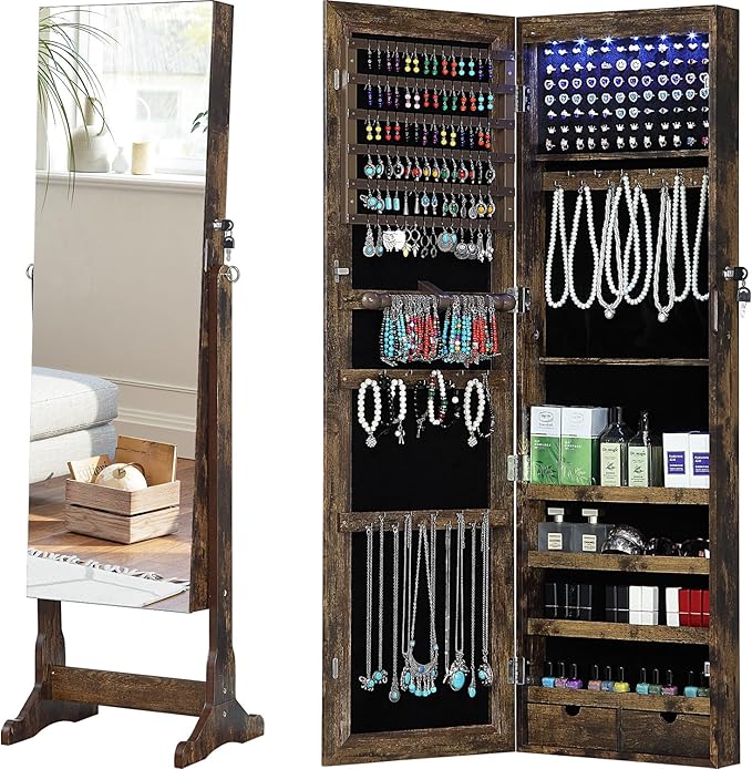 GISSAR Jewelry Organizer Full Length Mirror Jewelry Cabinet Standing/Wall Mounted Jewelry Armoire Storage with Lights Lockable, Vintage Brown