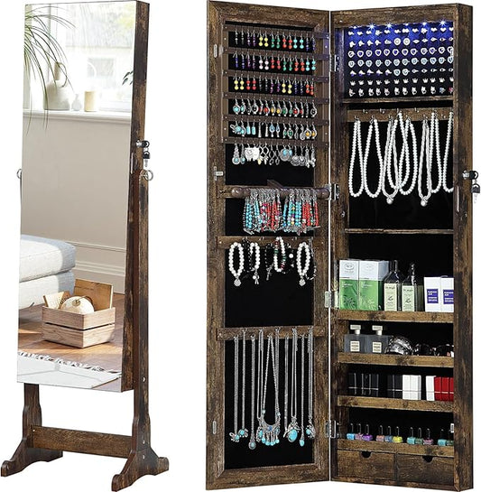 GISSAR Jewelry Organizer Full Length Mirror Jewelry Cabinet Standing/Wall Mounted Jewelry Armoire Storage with Lights Lockable, Vintage Brown
