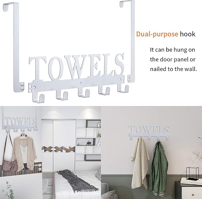 Over The Door Hooks, Towel Hooks for Bathroom, Towel Rack Towel Holder for Bathroom Bedroom Kitchen Pool Beach Towels Bathrobe Wall Mount Hang on The Door Cabinet Cupboard (Silver Grey)