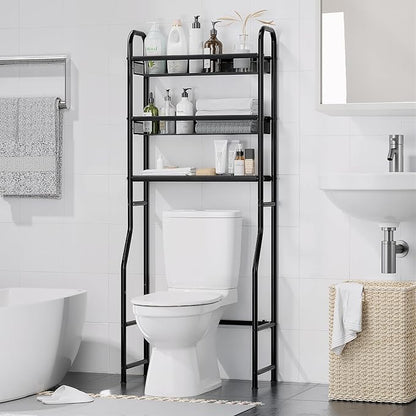 3 Tier Over The Toilet Storage Shelf, Black Bathroom Over The Toilet Storage Rack, Space Saving Above Toilet Storage Shelf with Vinyl Mesh Surface, Bathroom Toilet Shelf Rack Organizer