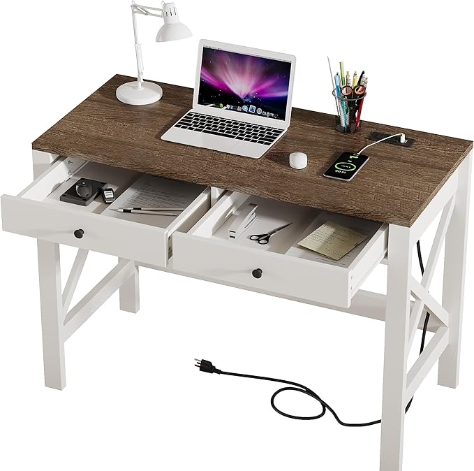ChooChoo Computer Desk with USB Charging Ports and Power Outlets, Modern Simple 40 Inches Desk with Drawers, Makeup Vanity Console Table, Soft White