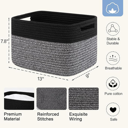 4 Pack Storage Baskets for Organizing, Woven Baskets for Shelves - Perfect for Toys, Books, Towels, and Clothes, Durable Gift Basket Bins Toy Storage, 12.7''Lx9''Wx7.8''H, Dark Grey and Black