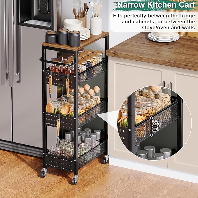 Utility Slim Storage Cart, 4-Tier Narrow Bathroom Organizer and Storage Cart, Metal Narrow Kitchen Laundry Room Organization Rack with Wood Top, Slim Rolling Shelf with Wheels for Small Space