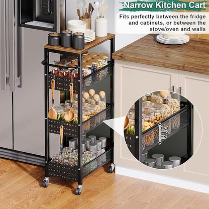 Utility Slim Storage Cart, 4-Tier Narrow Bathroom Organizer and Storage Cart, Metal Narrow Kitchen Laundry Room Organization Rack with Wood Top, Slim Rolling Shelf with Wheels for Small Space