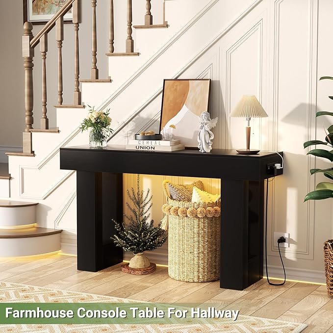 Unikito 47" Entryway Table with Socket and Sensor Light, Narrow Console Table with Storage Behind Couch, Farmhouse Entry Way Tables with Open Storage for Entrance/Hallway/Living Room, Black