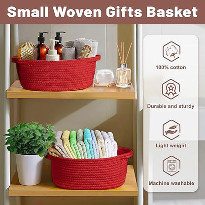 Small Woven Red Gifts Basket for Storage Empty with Ribbons and Bags Durable Cute Gifts 12"X 8" X 5" Small Rope Basket for Gifting