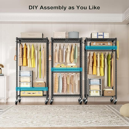 FUTASSI P3 Mini Rolling Clothes Rack, Clothing Racks for Hanging Clothes, Heavy Duty Garment Rack with Wheels, Freestanding Portable Closet Rack 23.6'' W x 14'' D x 78.5'' H, Max Load 430 Lbs, Black