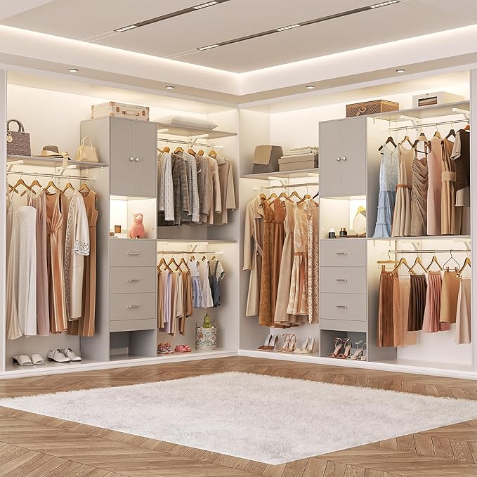 Armocity 96 Inches Closet System with Doors, 8FT Walk In Closet Organizer with 3 Shelving Towers, Heavy Duty Clothes Garment Rack with 3 Wood Drawers, 96" L x 16" W x 80" H, Max Load 1000 LBS, Grey