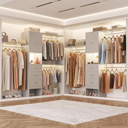 Armocity 96 Inches Closet System with Doors, 8FT Walk In Closet Organizer with 3 Shelving Towers, Heavy Duty Clothes Garment Rack with 3 Wood Drawers, 96" L x 16" W x 80" H, Max Load 1000 LBS, Grey