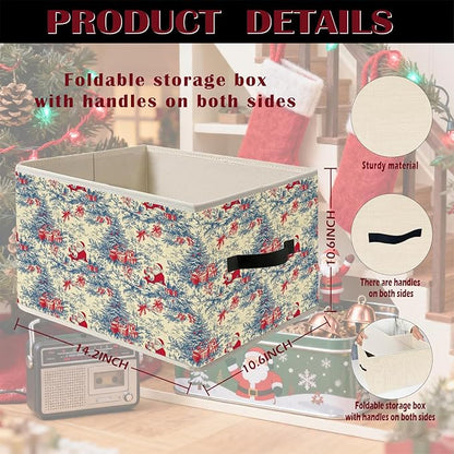 Red and Blue Chinoiserie Christmas Santa Storage Bin Box with Handles, Grandmillennial Xmas Tree Winter Holiday Foldable Organizer Basket Toybox for Home Bedroom Bathroom Clothes Toys Books