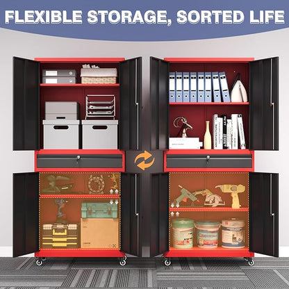 73" Metal Garage Storage Cabinet with Wheels， Rolling Tool Storage with Locking Doors， Adjustable Shelves and Drawer, Heavy Duty Steel Tool Cabinet for Garage, Warehouse, School(Red Black)