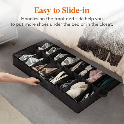 Lifewit Under Bed Shoe Storage Organizer 1 Pack(16 Pairs), 4.3" Tall Fabric Shoes Container Box, Foldable Closet Shoe Bag with 2 Reinforced Handles and Clear Cover, Black