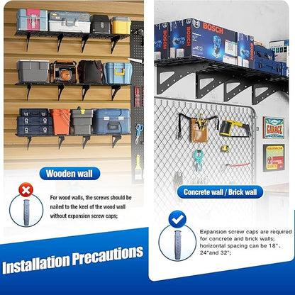 Garage Wall Shelving Heavy Duty,Garage Shelves 2-Pack 48"x24" (2x4 Ft) Metal Wall Mounted Storage with 600 lbs Total Capacity, Black