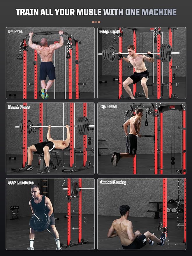 SunHome Power Cage Squat Rack, Power Rack with Pulley System, Adjustable Cable Crossover System, J-Hooks, Dip Handles, Weight Plate Storage